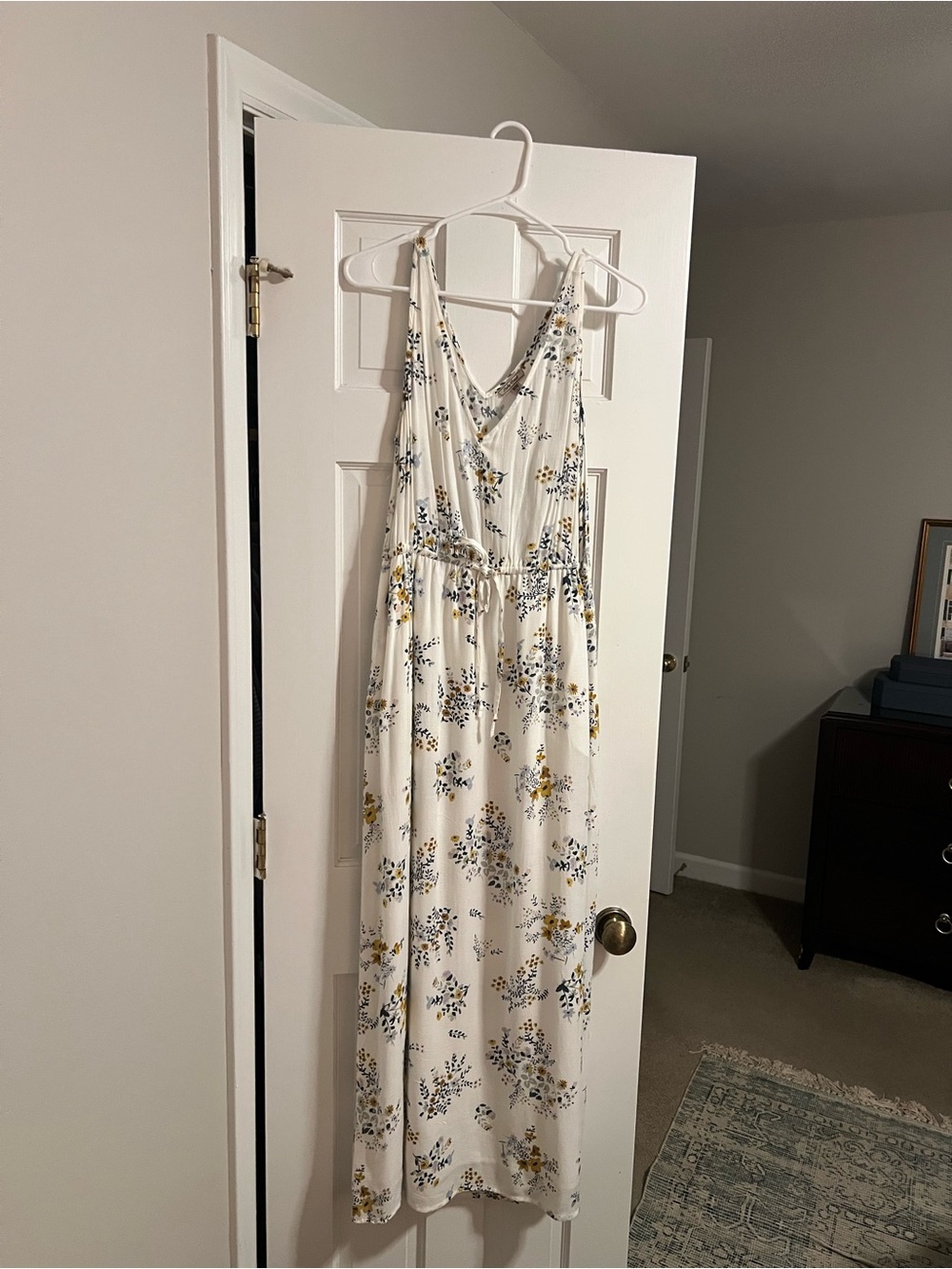 Lucky Brand White Maxi Dress with Yellow & Blue Floral Print